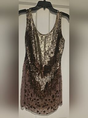Alberto Makali Gold and Taupe Sequin Scoop Neck Dress